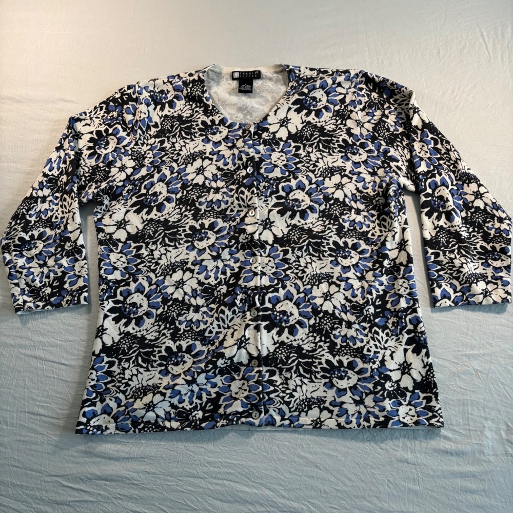 Carole Little Silk Blend Floral Cardigan Sweater Blue Black White Womens Large
